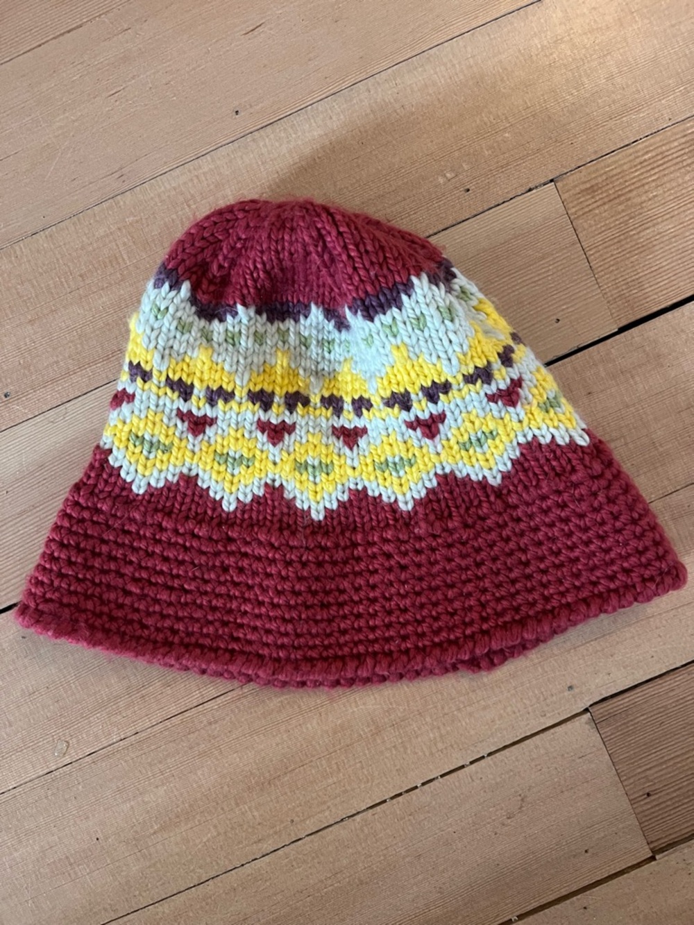 Free People Knit Bucket Hat with Yellow Fair Isle Accent